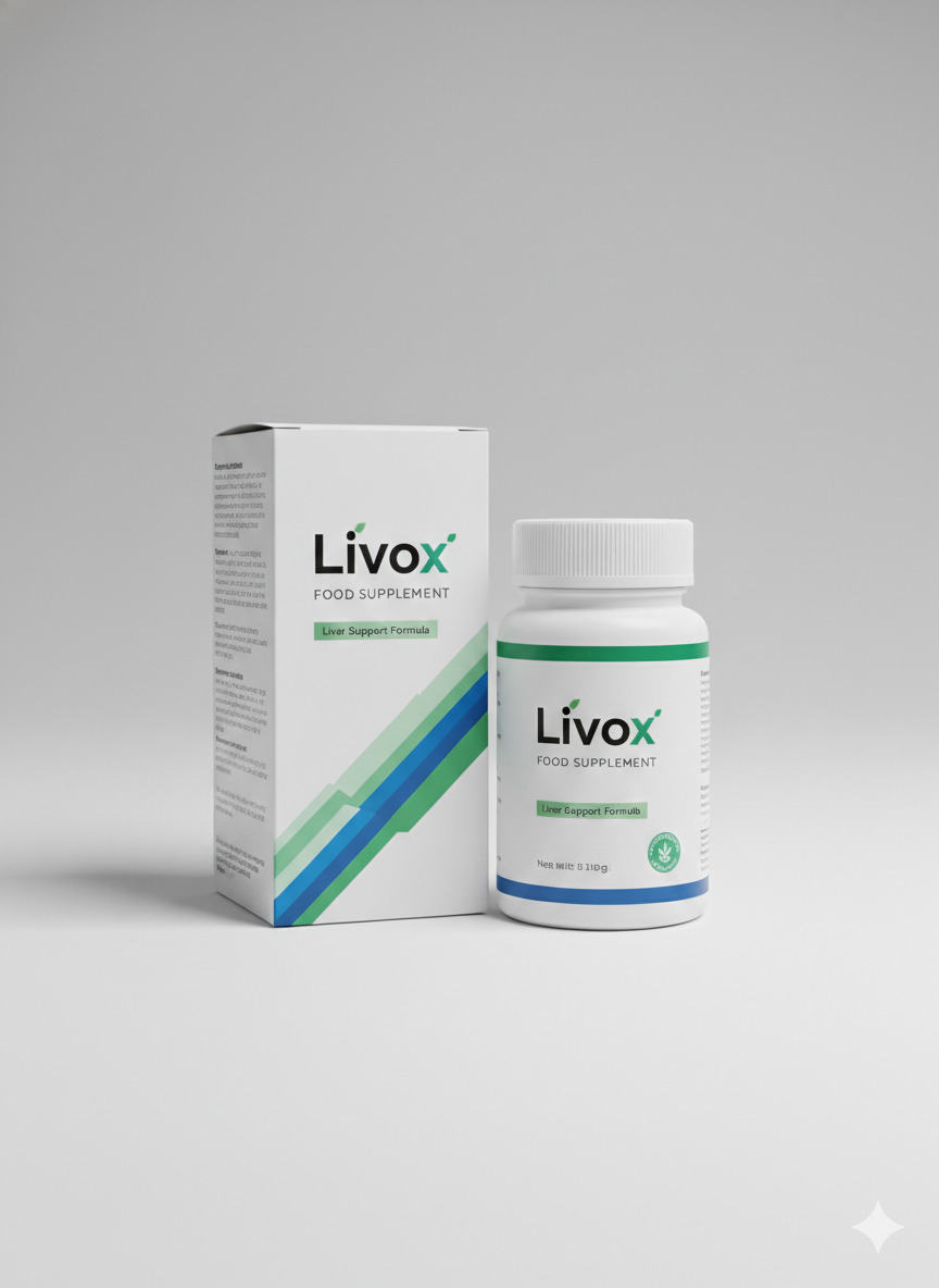 Livox food supplement bottle and packaging on a neutral surface